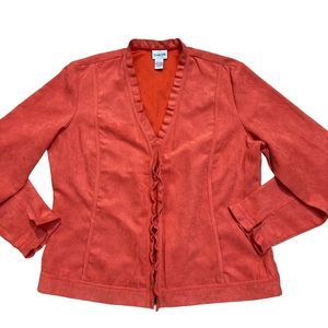 Chico's Women’s Size 2 Faux Suede Jacket Blazer Ruffles Pink Long Sleeve